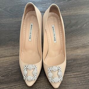 Manolo Blahnik Nude Pointed Flats with Crystal Buckles